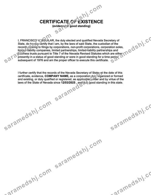 USA Nevada certificate of existence Word and PDF template